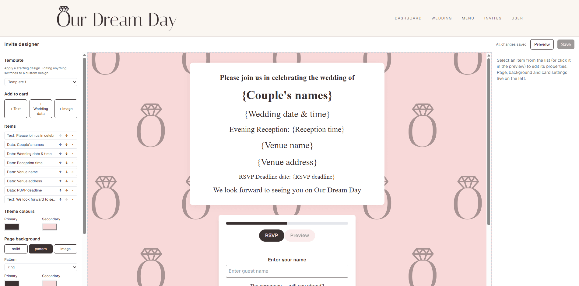 Our Dream Day digital wedding invite designer, showing the template picker, invite preview with the couple's names, and page background options