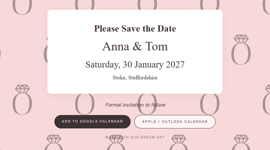 A digital save the date for Anna and Tom, with Add to Google Calendar and Apple / Outlook Calendar buttons