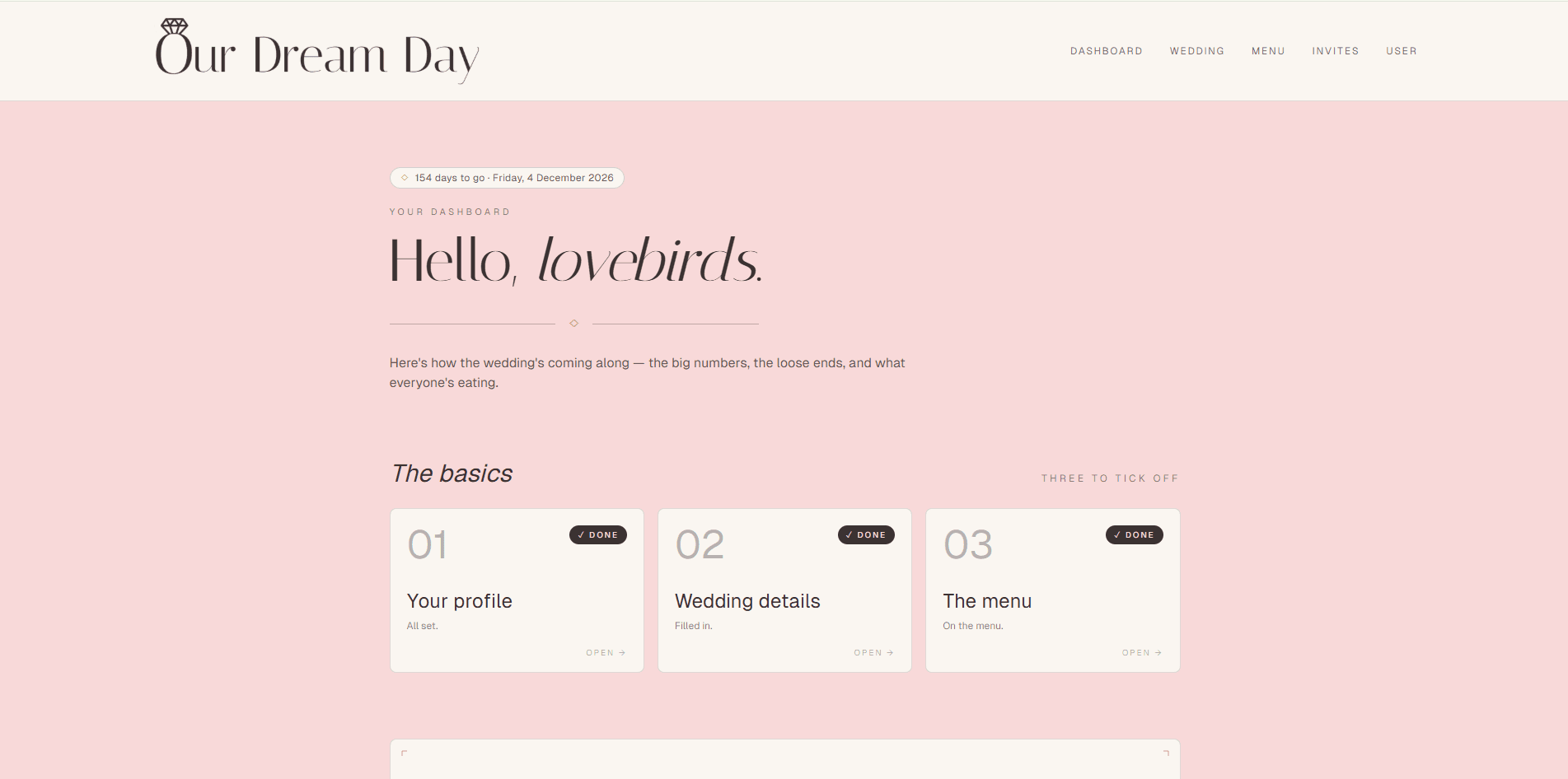Our Dream Day couple's dashboard tracking wedding RSVPs, meal choices and days until the wedding